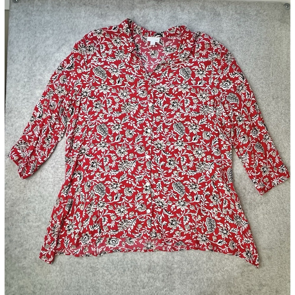 J Jill Top Women Red Floral Button Up Asymmetrical Button Up Cottagecore Lg